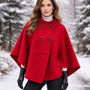 Dalia Collection Red Wool Blend Poncho Cape Coat Double Button Front